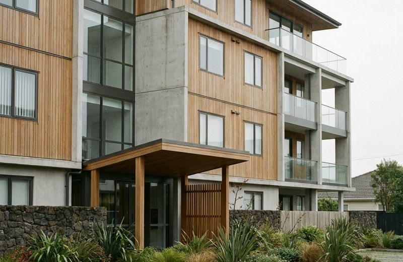 A schedule that suits your building The exterior of a modern multi-level apartment complex with a tidy entrance and car park
